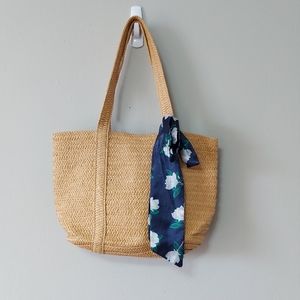 Draper James Straw Bag Floral Scarf Zipper Pocket Snap Closure Summer Beach Tote